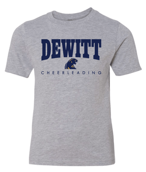Custom Printed Apparel | DMS Competitive Cheer 2025 | Youth T-Shirt "Blue/Gold Dewitt Design" (Gold/Heather Grey) - DMS Comp Cheer 25 - 18782