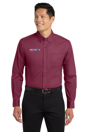 Michigan Department of Education Button Up Dress Shirt Burgundy/ Light Stone front view