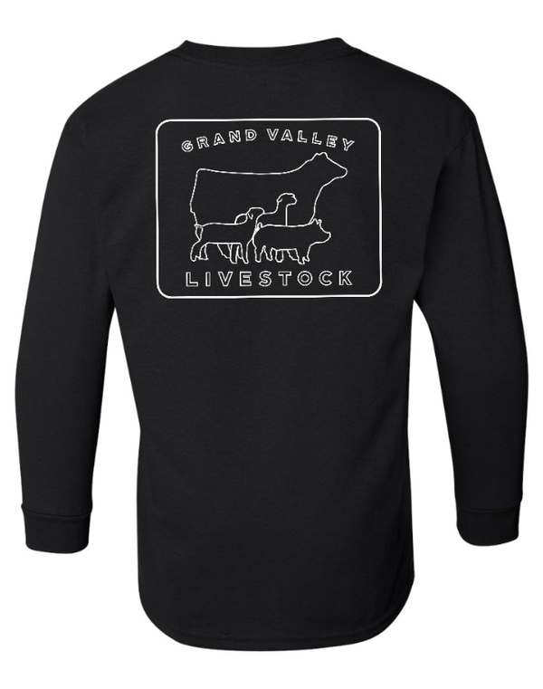 Custom Apparel - Screen Printing - Grand Valley Livestock - Heavy Cotton Youth Long Sleeve Tee (Black / Forest Green) - Grand Valley Livestock - 17568