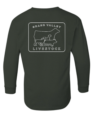 Custom Apparel - Screen Printing - Grand Valley Livestock - Heavy Cotton Youth Long Sleeve Tee (Black / Forest Green) - Grand Valley Livestock - 17568