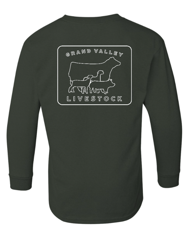Custom Apparel - Screen Printing - Grand Valley Livestock - Heavy Cotton Youth Long Sleeve Tee (Black / Forest Green) - Grand Valley Livestock - 17568