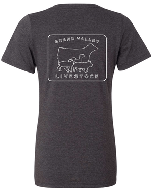 Custom Apparel - Screen Printing - Grand Valley Livestock - Ladies Relaxed V - Neck (Black / Dark Grey) - Grand Valley Livestock - 17568