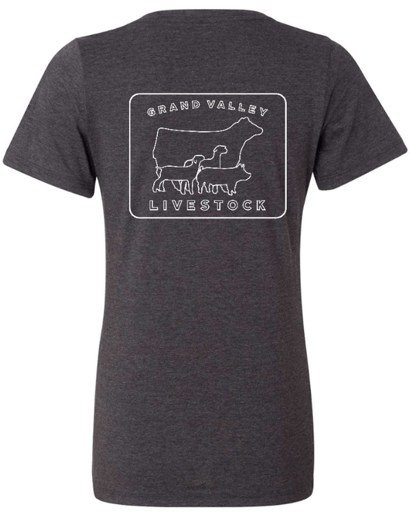 Custom Apparel - Screen Printing - Grand Valley Livestock - Ladies Relaxed V - Neck (Black / Dark Grey) - Grand Valley Livestock - 17568