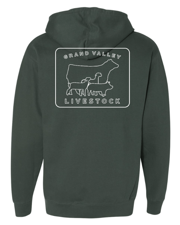 Custom Apparel - Screen Printing - Grand Valley Livestock - Midweight Hooded Sweatshirt (Alpine Green / Black) - Grand Valley Livestock - 16251
