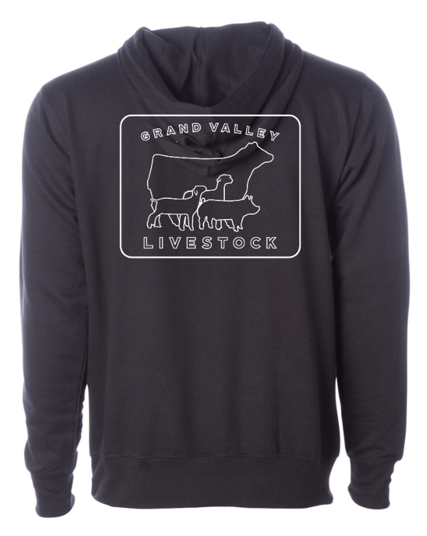 Custom Apparel - Screen Printing - Grand Valley Livestock - Midweight Hoodie (Black / Alpine Green) - Grand Valley Livestock - 17568