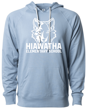 Custom Printed Apparel | Hiawatha Back to School 2025 - Adult Terry Hooded Sweatshirt (Misty Blue/Port) - Hiawatha Back to School 2025 - 18289