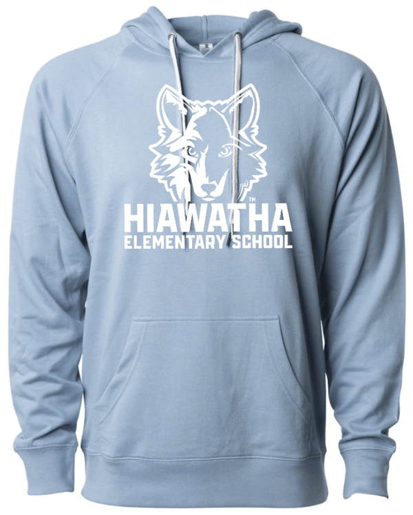 Custom Printed Apparel | Hiawatha Back to School 2025 - Adult Terry Hooded Sweatshirt (Misty Blue/Port) - Hiawatha Back to School 2025 - 18289