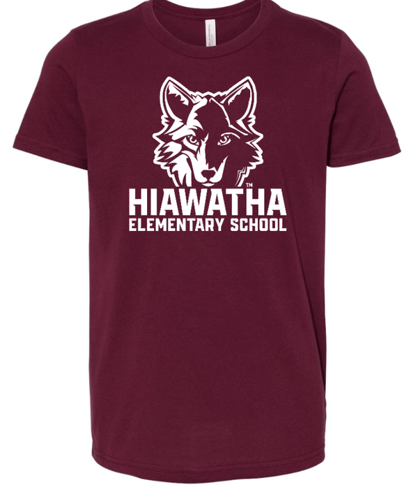 Custom Printed Apparel | Hiawatha Back to School 2025 - Maroon Youth Jersey T-Shirt Horizontal Wolf Design - Hiawatha Back to School 2025 - 18289