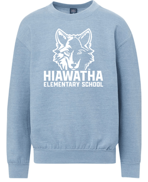 Custom Printed Apparel | Hiawatha Back to School 2025 - Youth Crewneck Sweatshirts (Light Denim Heather/Cameo Pink) - Hiawatha Back to School 2025 - 18289
