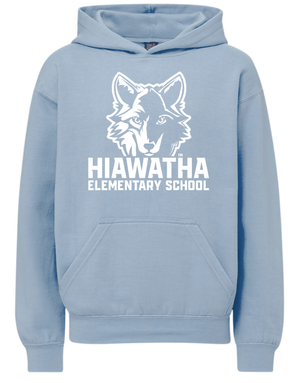 Custom Printed Apparel | Hiawatha Back to School 2025 - Youth Hooded Sweatshirt (Light Denim Heather/Cameo Pink) - Hiawatha Back to School 2025 - 18289