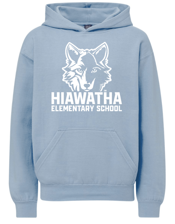 Custom Printed Apparel | Hiawatha Back to School 2025 - Youth Hooded Sweatshirt (Light Denim Heather/Cameo Pink) - Hiawatha Back to School 2025 - 18289