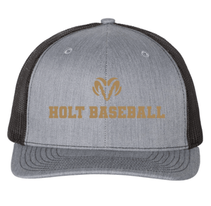 Custom Printed Apparel | Holt Baseball 2025 | Adult Unisex Heather Grey/Black Snapback Trucker Cap "Badge Design" - Holt Baseball W25 - 18654