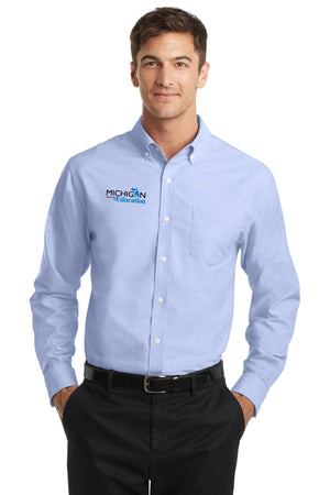 Michigan Department of Education Button Up Dress Shirt Oxford Blue front view