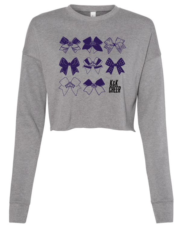 Custom Printed Apparel | K&K Cheer Gear - Women's Grey Fleece Crop Crewneck "Bows Design" - K&K Cheer Gear W25 - 18345