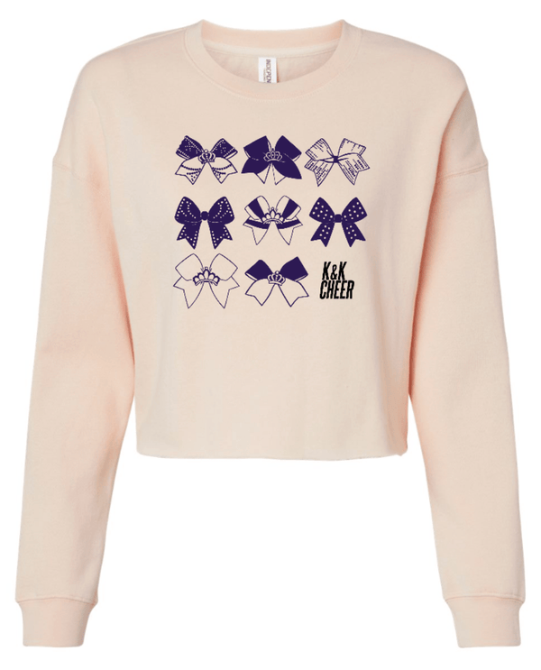 Custom Printed Apparel | K&K Cheer Gear - Women's Light Pink Crop Crewneck "Bows Design" - K&K Cheer Gear W25 - 18345