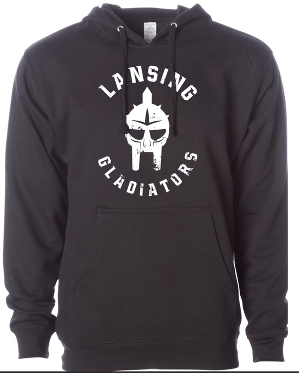 Custom Printed Apparel | Lansing Gladiators Fall 2025 - Adult Hooded Sweatshirt (Light Pink/Black) - Lansing Gladiators Fall 2025 - 18278