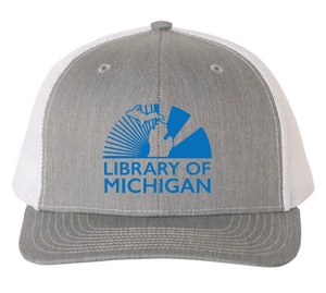 Custom Printed Apparel | Library of Michigan 2025 | Adult Grey/White Snapback Trucker Cap - Library of Michigan 25 - 18640