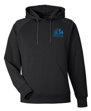 Custom Printed Apparel | Library of Michigan 2025 | Adult Unisex Fleece Hooded Sweatshirt (Black/Light Blue) - Library of Michigan 25 - 18640