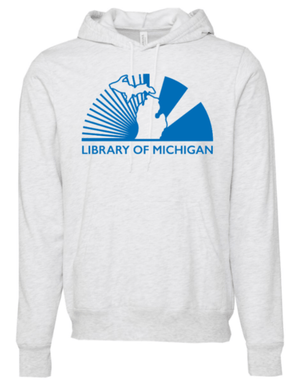 Custom Printed Apparel | Library of Michigan 2025 | Adult Unisex Sponge Fleece Hoodie (Columbia Blue/White) - Library of Michigan 25 - 18640