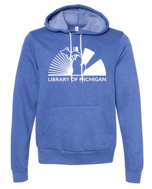 Custom Printed Apparel | Library of Michigan 2025 | Adult Unisex Sponge Fleece Hoodie (Columbia Blue/White) - Library of Michigan 25 - 18640