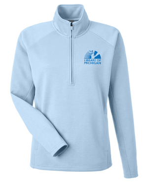 Custom Printed Apparel | Library of Michigan 2025 | Women's Apex Fleece Quarter - Zip Pullover (Black/Light Blue) - Library of Michigan 25 - 18640