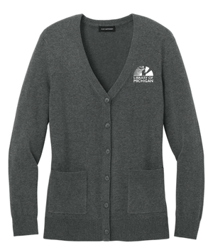 Custom Printed Apparel | Library of Michigan 2025 | Women's Charcoal Easy Care Button - Up Cardigan Sweater - Library of Michigan 25 - 18640