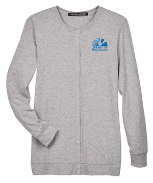 Custom Printed Apparel | Library of Michigan 2025 | Women's Grey Heather Perfect Fit Ribbon Cardigan - Library of Michigan 25 - 18640