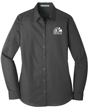 Custom Printed Apparel | Library of Michigan 2025 | Women's Long Sleeve Carefree Poplin Shirt (Royal/Graphite) - Library of Michigan 25 - 18640