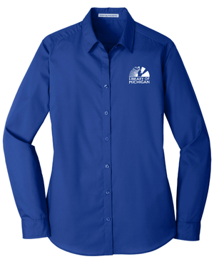 Custom Printed Apparel | Library of Michigan 2025 | Women's Long Sleeve Carefree Poplin Shirt (Royal/Graphite) - Library of Michigan 25 - 18640