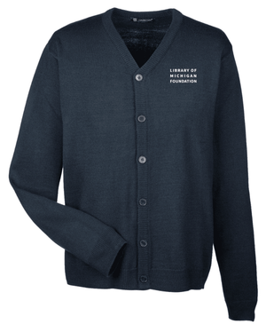 Custom Printed Apparel | Library of Michigan Foundation | Men's Navy V - Neck Button Cardigan - LofM Foundation 2026 - 18803