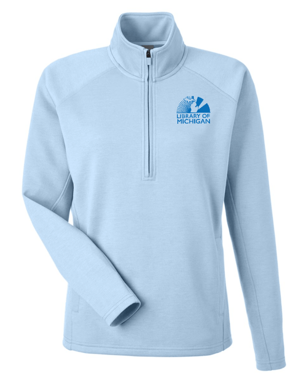 Custom Apparel - Screen Printing - Library of Michigan - Women's Fleece Quarter Zip Pullover (Blue / Black) - Library of Michigan - 17783