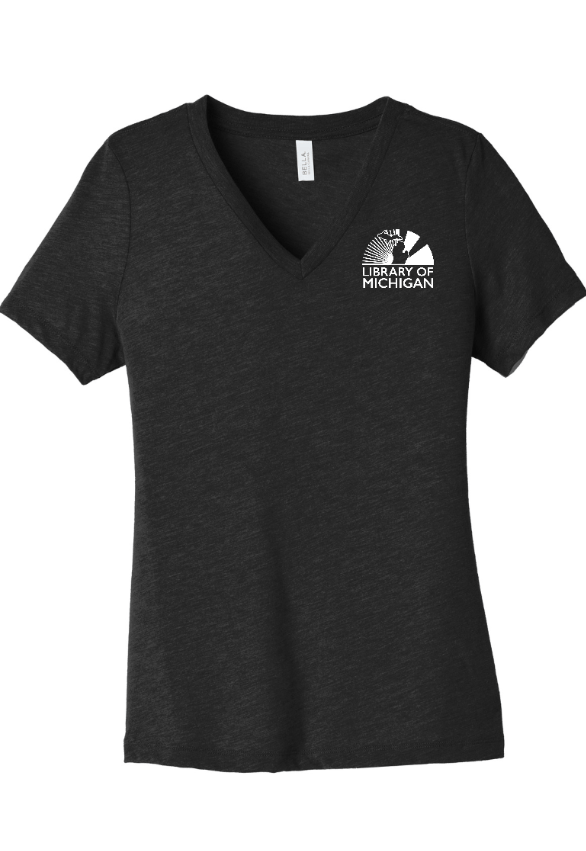 Custom Apparel - Screen Printing - Library of Michigan - Women's Relaxed Fit V - Neck T-Shirt (Grey / Black) - Library of Michigan - 17783