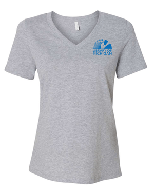 Custom Apparel - Screen Printing - Library of Michigan - Women's Relaxed Fit V - Neck T-Shirt (Grey / Black) - Library of Michigan - 17783