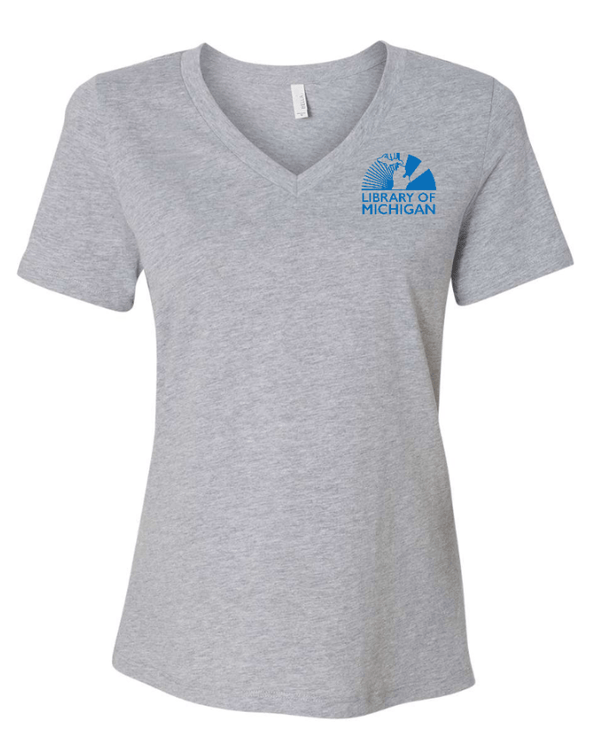 Custom Apparel - Screen Printing - Library of Michigan - Women's Relaxed Fit V - Neck T-Shirt (Grey / Black) - Library of Michigan - 17783