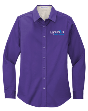 Custom Printed Apparel | MDE Fall 2025 - Women's Button - Up Shirt (Green/Purple) - MDE F25 - 18407