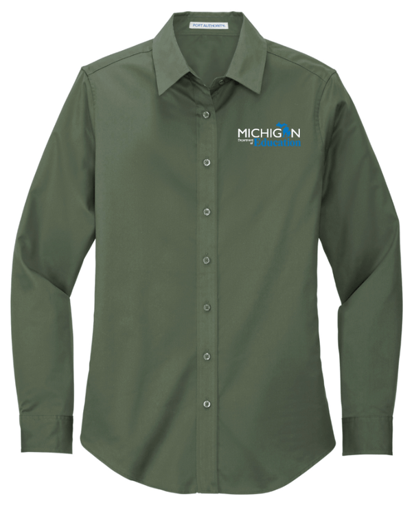 Custom Printed Apparel | MDE Fall 2025 - Women's Button - Up Shirt (Green/Purple) - MDE F25 - 18407