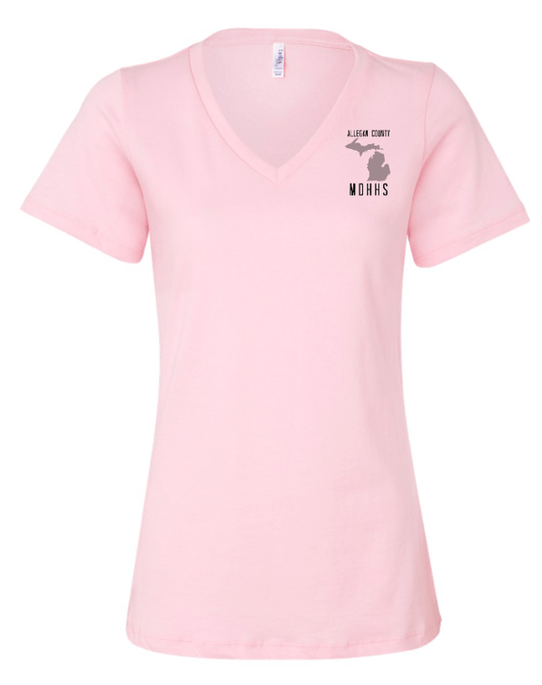 Custom Apparel - Screen Printing - MDHHS Gear - Allegan & Barry Co. - Women's Relaxed V - Neck Tee - State Design - (Multiple Colors Available) - Allegan & Barry County MDHHS - 17194