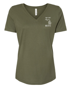 Custom Apparel - Screen Printing - MDHHS Gear - Allegan & Barry Co. - Women's Relaxed V - Neck Tee - State Design - (Multiple Colors Available) - Allegan & Barry County MDHHS - 17194