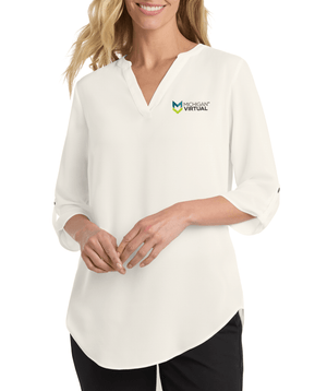 Custom Printed Apparel | MIchigan Virtual - Women's 3/4 Sleeve Tunic Blouse (Ivory / Blue) - Michigan Virtual OD