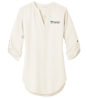 Custom Printed Apparel | MIchigan Virtual - Women's 3/4 Sleeve Tunic Blouse (Ivory / Blue) - Michigan Virtual OD