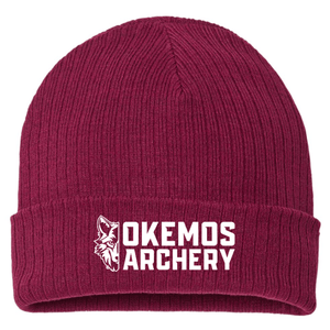 Custom Printed Apparel | Okemos Archery 2026 | Adult Cuffed Beanie "Half Wolf Logo" (Dark Grey/Burgundy) - Okemos Archery 26 - 18835