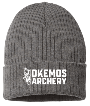 Custom Printed Apparel | Okemos Archery 2026 | Adult Cuffed Beanie "Half Wolf Logo" (Dark Grey/Burgundy) - Okemos Archery 26 - 18835