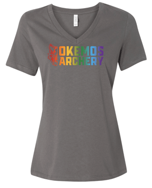 Custom Printed Apparel | Okemos Archery 2026 | Women's Dark Grey Relaxed V - Neck "Rainbow Logo" - Okemos Archery 26 - 18835