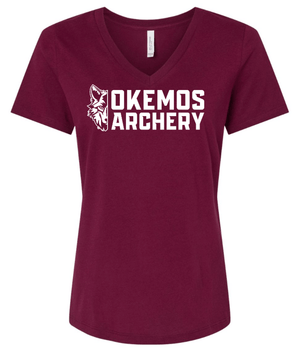 Custom Printed Apparel | Okemos Archery 2026 | Women's Relaxed V - Neck "Half Wolf Logo" (Black/Maroon) - Okemos Archery 26 - 18835
