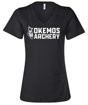 Custom Printed Apparel | Okemos Archery 2026 | Women's Relaxed V - Neck "Half Wolf Logo" (Black/Maroon) - Okemos Archery 26 - 18835