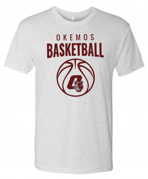 Custom Printed Apparel | Okemos Basketball 2025 | Adult Unisex Heather White T-Shirt "Basketball Design" (PERSONALIZATION OPTIONAL) - Okemos Basketball 25 - 18701