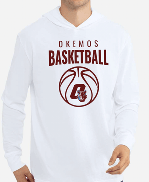 Custom Printed Apparel | Okemos Basketball 2025 | Adult Unisex White Long Sleeve Hoodie "Basketball Design" (PERSONALIZATION OPTIONAL) - Okemos Basketball 25 - 18701