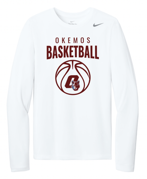 Custom Printed Apparel | Okemos Basketball 2025 | AdultNike White Team rLegend Long Sleeve Tee "Basketball Design" (PERSONALIZATION OPTIONAL) - Okemos Basketball 25 - 18701