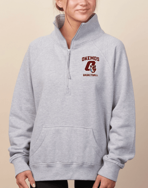 Custom Printed Apparel | Okemos Basketball 2025 | Womens Athletic Heather Boxy 1/2 Zip Fleece "Badge Logo Design" (PERSONALIZATION OPTIONAL) - Okemos Basketball 25 - 18701