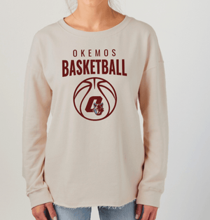 Custom Printed Apparel | Okemos Basketball 2025 | Womens Beige Drop Shoulder Fleece Crewneck "Basketball Design" (PERSONALIZATION OPTIONAL) - Okemos Basketball 25 - 18701